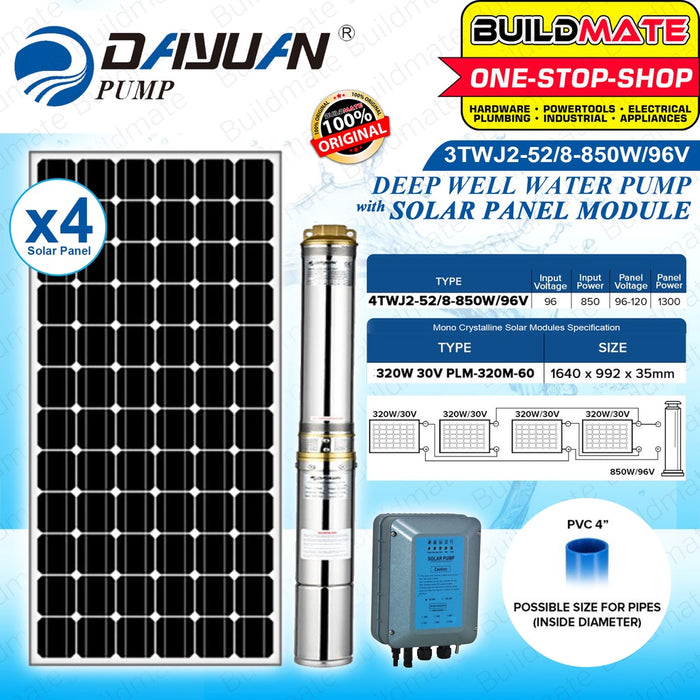 DAYUAN SOLAR SET Deep Well Water Pump Solar 3TWJ2-52/8-850W/96V with 4 Pcs 30V Solar Panel Module •BUILDMATE• DBS