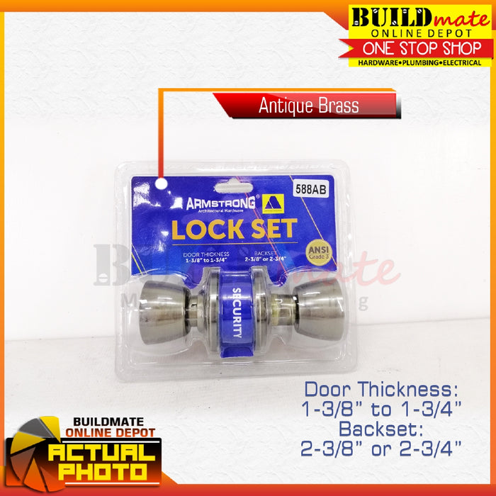 ARMSTRONG Antique Brass Entrance Cylindrical Lockset Door Knob Lock Set 588AB •BUILDMATE• 