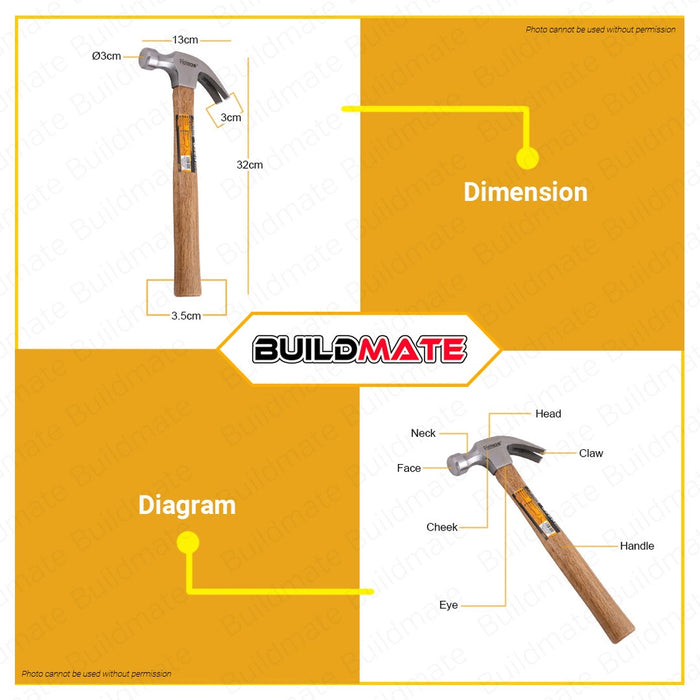 Hoteche Claw Hammer Wooden Handle Polished Carbon Steel 16oz HTC-210703 •BUILDMATE•
