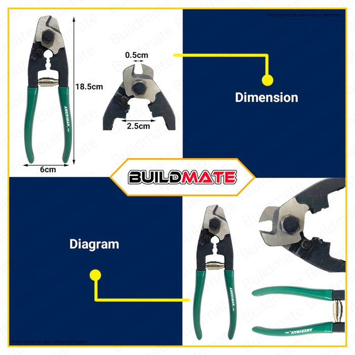 AMERIMAN Wire Rope Cutter Pliers Scissors 7.5" MP-625D •BUILDMATE•