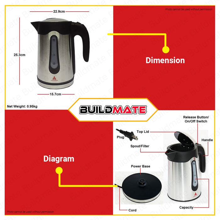 BUILDMATE Hanabishi 1.9L Cordless Removable Electric Stainless Kettle 2000W Automatic / Manual Shut Off Detachable Base Water Heater HWK-119SS