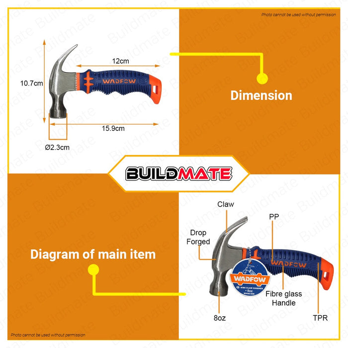 WADFOW Mini Claw Hammer 8oz Unique  Fiberglass Handle Drop-forged Hammerhead WHM33D8 •BUILDMATE• WHT