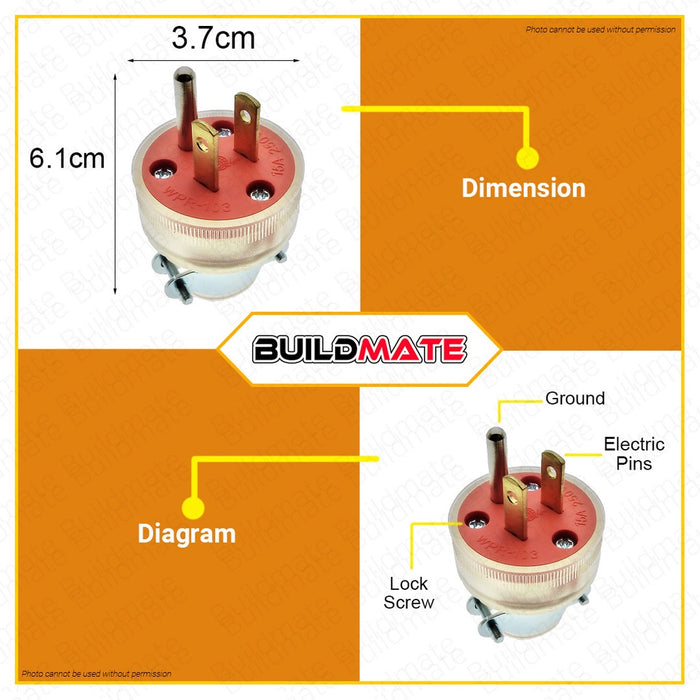 BUILDMATE Omni Electric Parallel Ground Rubber Plug Transparent 15A 250V Heavy Duty Clear 3-Prong Grounded Power Plug WPR-103