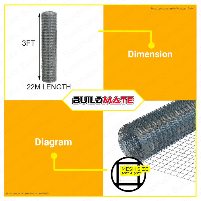 BUILDMATE Polonet Galvanized Welded Wire Mesh Net #21 3ft / 4ft  Square Welded Mesh for Fencing & Cages PLL-WW12X3 / PLL-LT55003-124