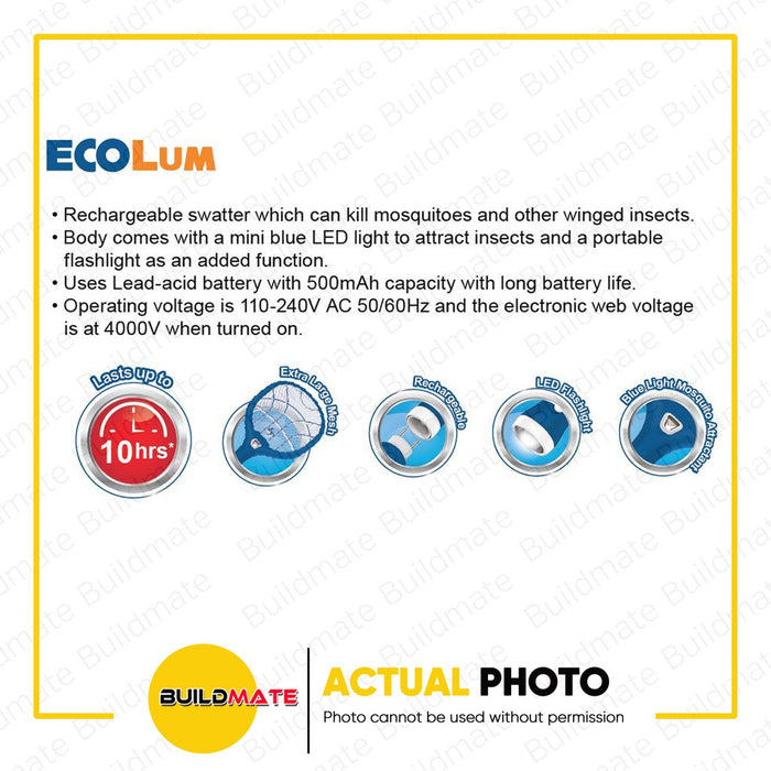 ECOLUM Zap It Mosquito Swatter with Emergency Flashlight ORANGE EEL001 •BUILDMATE•