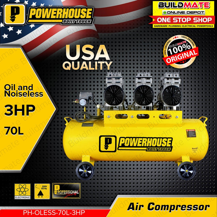 POWERHOUSE Oil and Noiseless Air Compressor 3HP 3 Motors PH-OLESS-70L-3HP + FREE YUKO GOGGLES