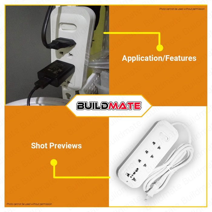 BUILDMATE Omni Extension Cord Set with Universal Outlet & Switch 10A 250V Heavy Duty Power Strip WER-103-PK