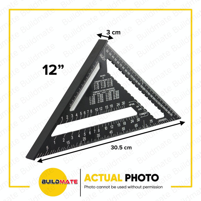 LOTUS 12" Inch Speed Square Aluminum Alloy Triangle Ruler Woodworking Speed Angle Square Black Triangle Carpenter Square Die-Cast for Woodworking and Carpentry LTSA1200X • LHT