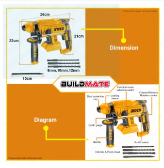 [BUNDLE] INGCO Cordless Rotary Hammer Chipping Gun Drill 20V CRHLI2201 + FCLI2001 Fast Charger+ FBLI2001 2A Battery POWERSHARE | 100% ORIGINAL / AUTHENTIC •BUILDMATE• ICPT