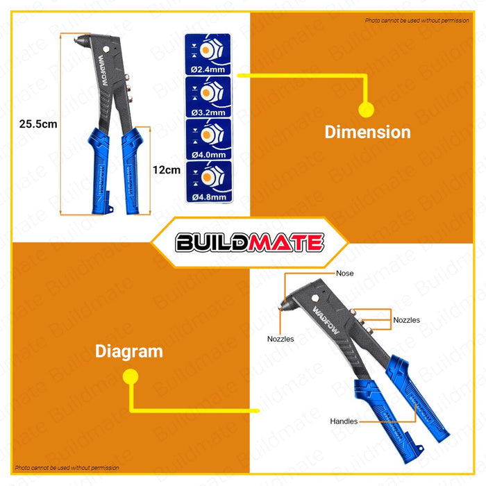 WADFOW Hand Riveter 10.5" Inches Applicable Rivet Aluminum Alloy Body Durable WHR2610 •BUILDMATE WHT