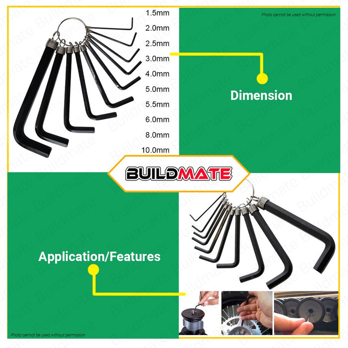 HOYOMA Hex Key Wrench 10 PCS/Set Tools Repair Black Finishing Allen Wrench H-NL002 •BUILDMATE• HYMHT