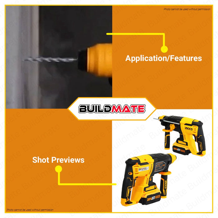 Ingco Li-Ion Lithium Ion Cordless Rotary Hammer Drill with Battery and Charger 20V CRHLI202287 IPT
