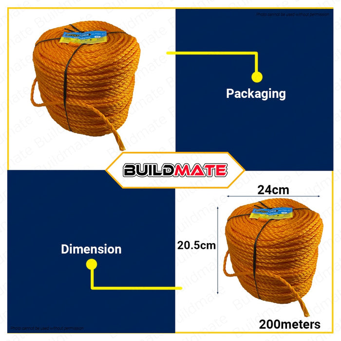 BUILDMATE Pololock Nylon Rope Orange 7mmx200m Multipurpose Strong Flexible Nylon Cord #14 PL77001-07