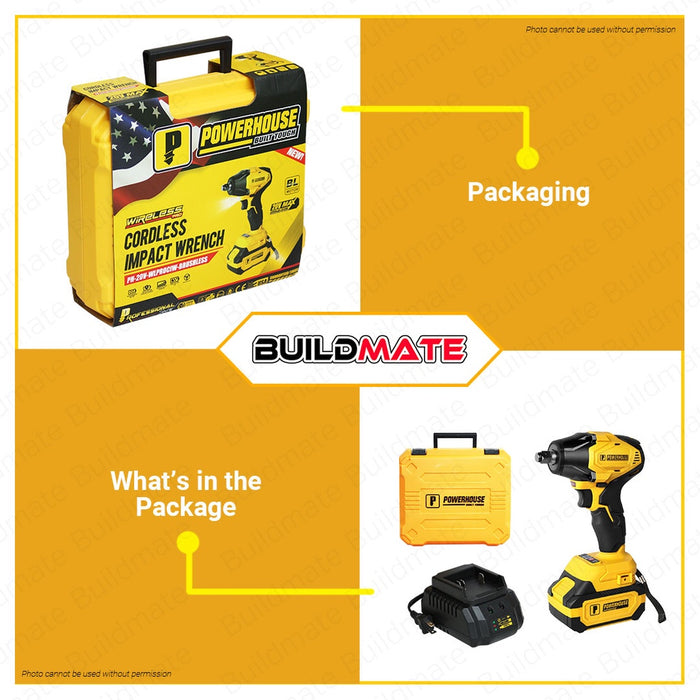POWERHOUSE Professional Cordless Impact Wrench 20V 4.0 Ah Li-Ion PH-20V-WLPROCIWBRUSH BUILDMATE PHPT