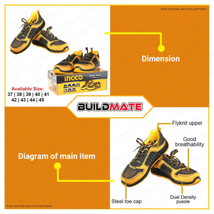 BUILDMATE Ingco Safety Boots 37 - 46 Steel Toe Foot Protection Safety Breathable Worker Closed Rubber Shoes Protective Work Footwear SOLD IN PAIR SSH81SB - IHT