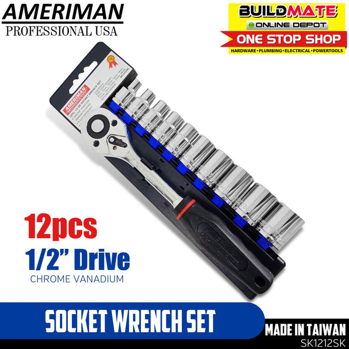 AMERIMAN 12PCS 1/2" Drive Socket Wrench Set MADE IN TAIWAN SK1212SK •BUILDMATE•