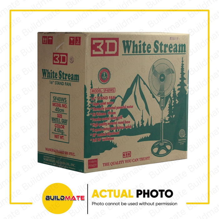 3D 16" White Stream Electric Stand Fan 3 Speed Control SF40WS •BUILDMATE•