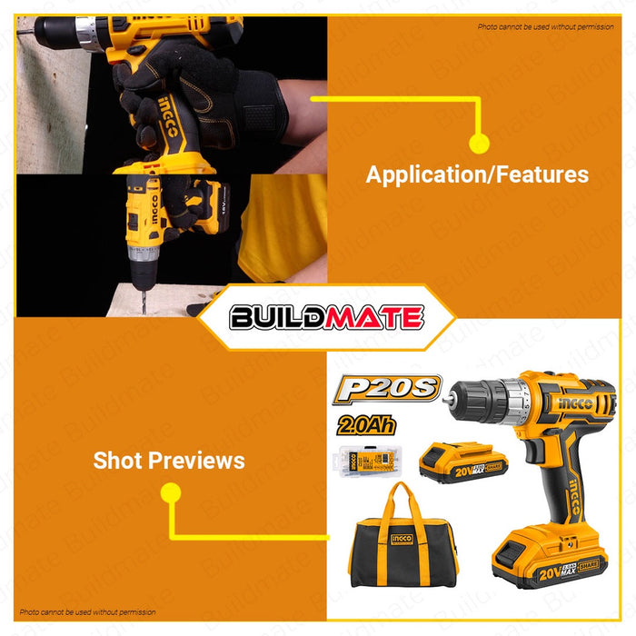 INGCO Lithium-Ion Cordless Drill Driver 20V CDLI20025 POWERSHARE •BUILDMATE• IPT