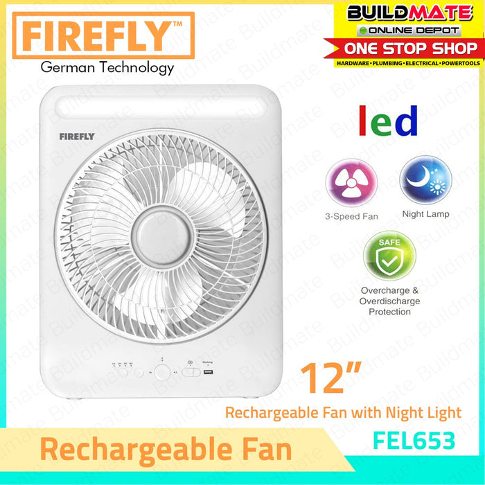 FIREFLY 12" Rechargeable 3 Speed Fan with Led Night Light FEL-653 •BUILDMATE•