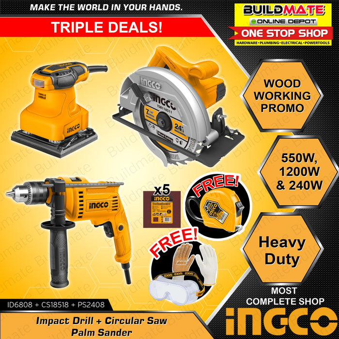 [COMBO E] INGCO Impact Drill ID6808 + Circular Saw CS18518 + Palm Sander PS2408 + FREE GLOVES, GOGGLES & TAPE MEASURE •BUILDMATE• IPT