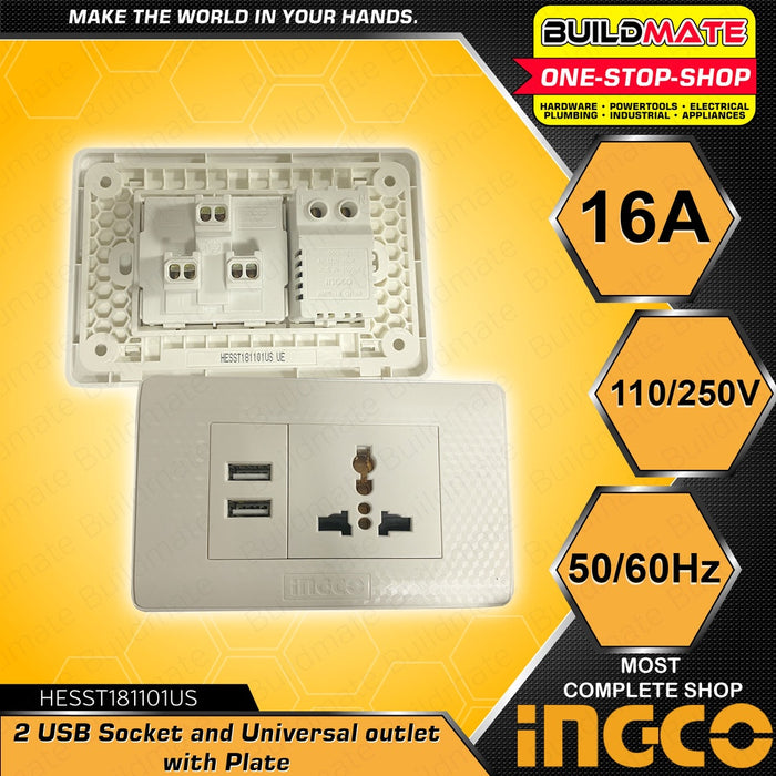 INGCO 1-Gang Universal Electric Socket Outlet with 2 USB Ports 16A 110/250V HESST181101US •BUILDMATE• IHT