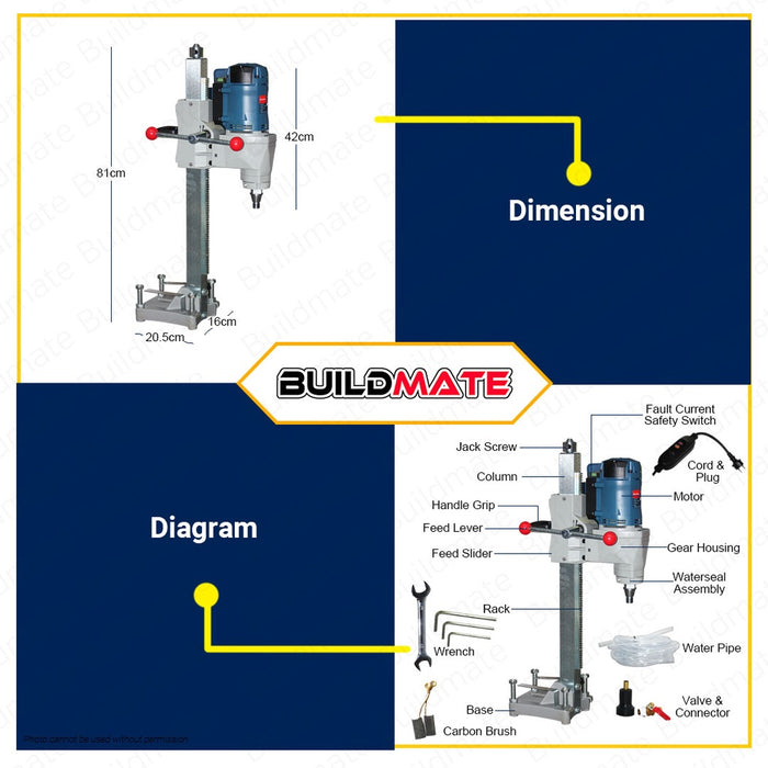 DONG CHENG Diamond Core Drill Machine with Water Source 3300W DZZ200S •BUILDMATE•