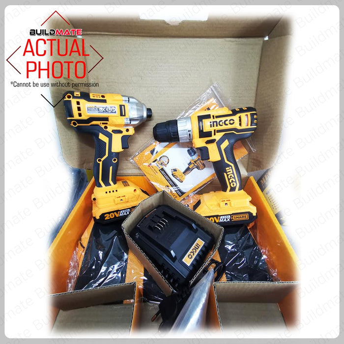 INGCO Cordless 2PCS COMBO KIT Drill + Impact Driver CKLI2006 +FREE TAPEMEASURE & GLOVES IPT
