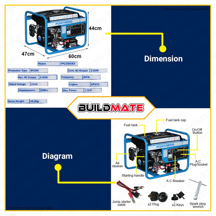 FORTRESS Portable Gasoline Power Generator 2400W Surge Output FPG3500EX 100% ORIGINAL •BUILDMATE•