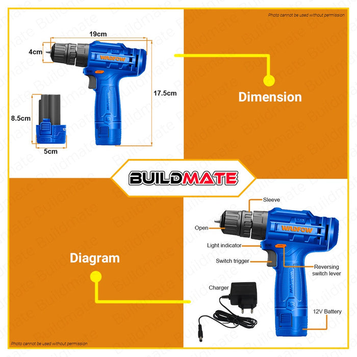 WADFOW Lithium-Ion Li-Ion Cordless Drill Gun 12V With Battery & Charger WCDS511 •BUILDMATE• WCPT