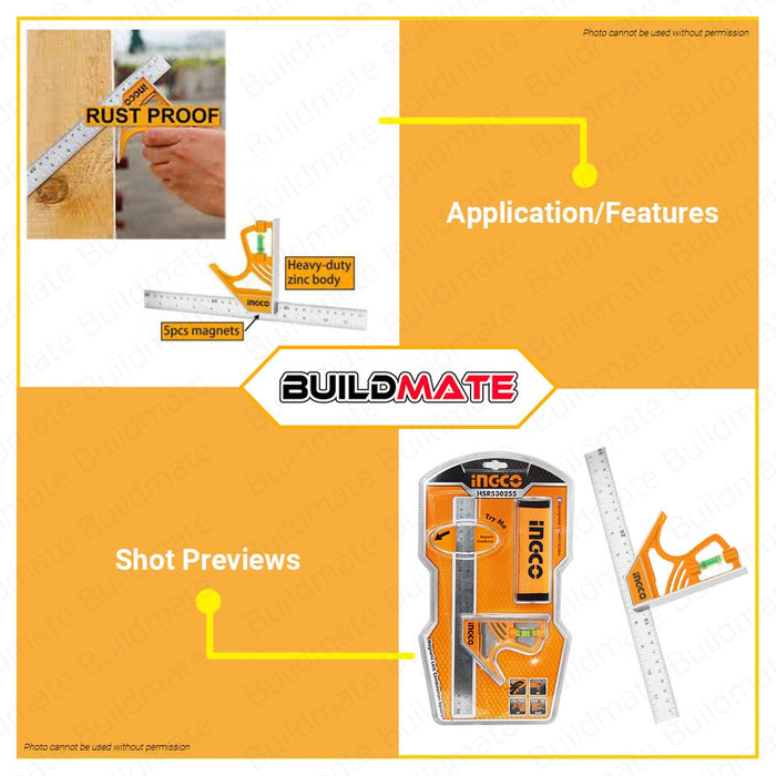 INGCO Magnetic Lock Combination Square  Stainless Steel 12" HSR530255 •BUILDMATE• IHT