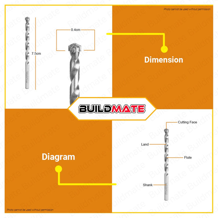 WADFOW Masonry Drill Bit 4mm x 75mm For Concrete Drill Bit Hand Tool WMJ1K02 •BUILDMATE• WHT