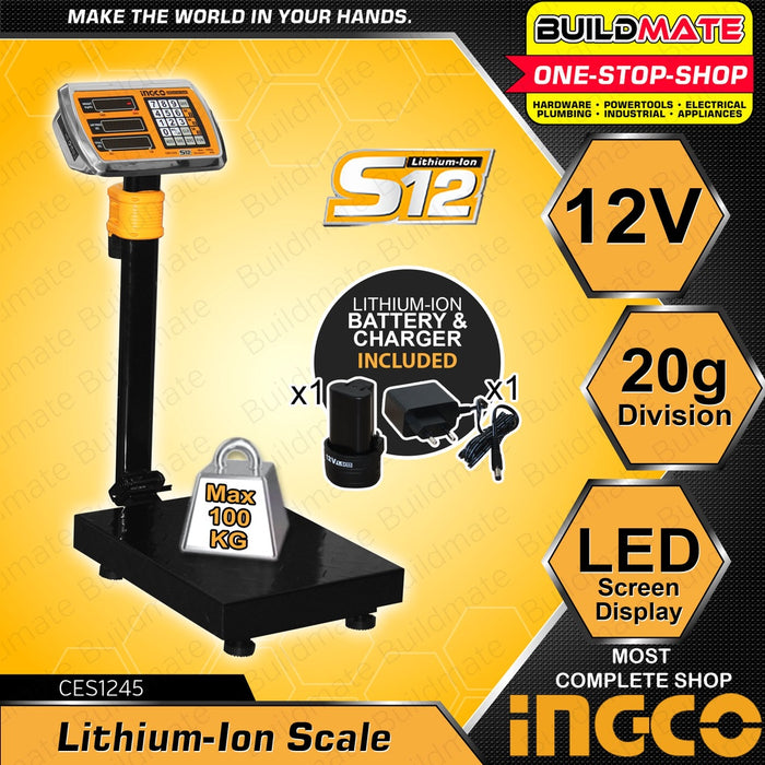INGCO Lithium Ion Cordless Battery Operated Weighing Scale 12V 100KG & 300KG LED Wireless Digital Screen With Battery & Charger CES1267 | CES1245 •BUILDMATE• ICPT