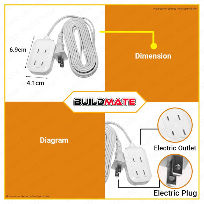 BUILDMATE Omni 3 Meters Dual Portable Extension Cord Set 1000W 6A 250V 3 Gang 2 Flat Pin Plug Extension Portable Power Strip WDP303