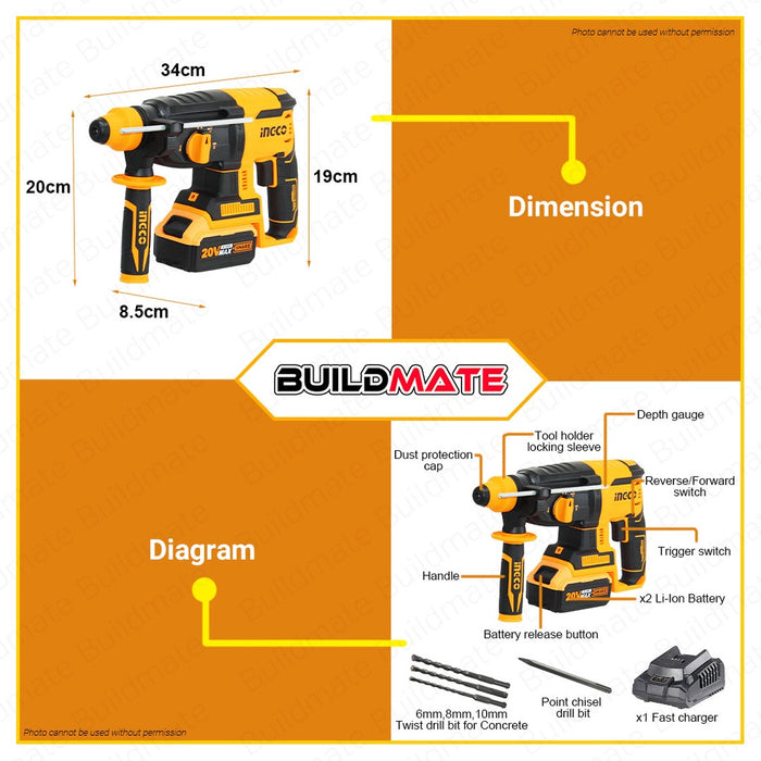 Ingco Li-Ion Lithium Ion Cordless Rotary Hammer Drill with Battery and Charger 20V CRHLI202287 IPT