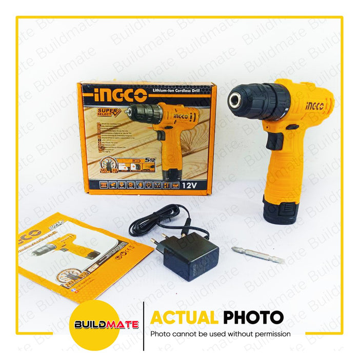 INGCO Lithium Ion Cordless Drill 12V 10mm CDLI12415 | with Led Headlamp Bits Set IPX