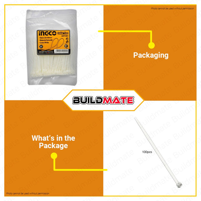INGCO 4" 100mm Nylon Cable Tie 2.5 100 PCS HCT1001 •BUILDMATE• HT2