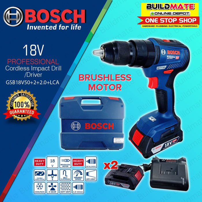 BOSCH Professional Cordless Impact Drill / Driver 18V GSB 18V50 +2+2.0+LCA 06019H5100 •BUILDMATE• BLC