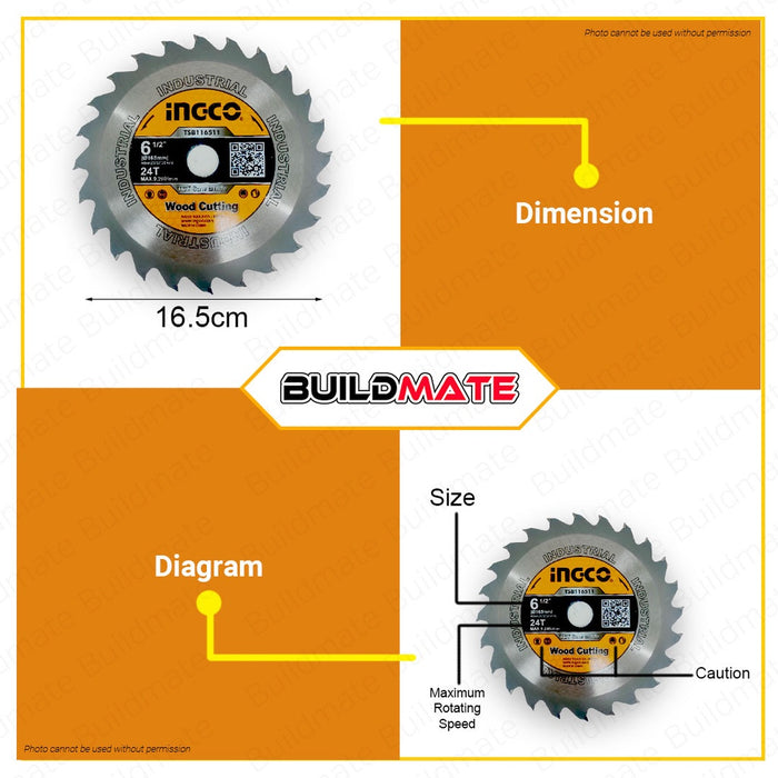 INGCO TCT Saw Blade Wood Cutter for CSLI1651 Cordless Circular Saw 6-1/2" TSB116511 •BUILDMATE• HT2