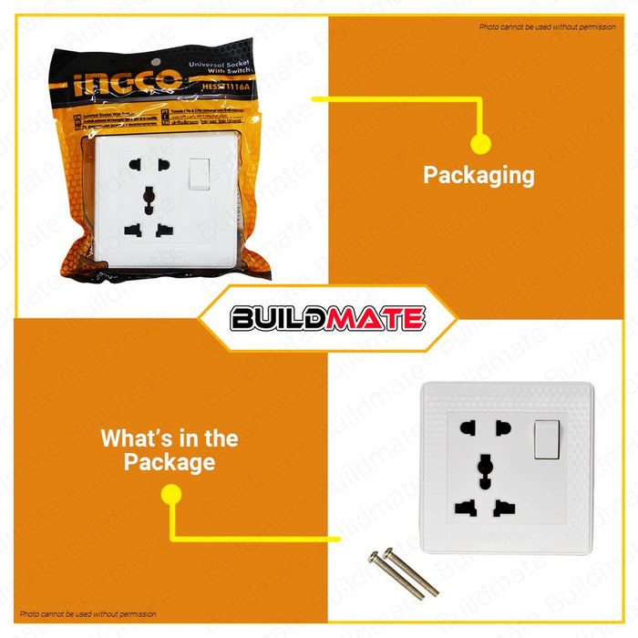 INGCO Universal Socket 1 Gang with Switch 16A 250V  HESST1116A •BUILDMATE• HT2