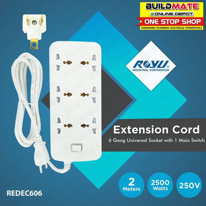 ROYU 6 GANG Extension Cord with 1 Main Switch Power Strip REDEC606 •BUILDMATE•
