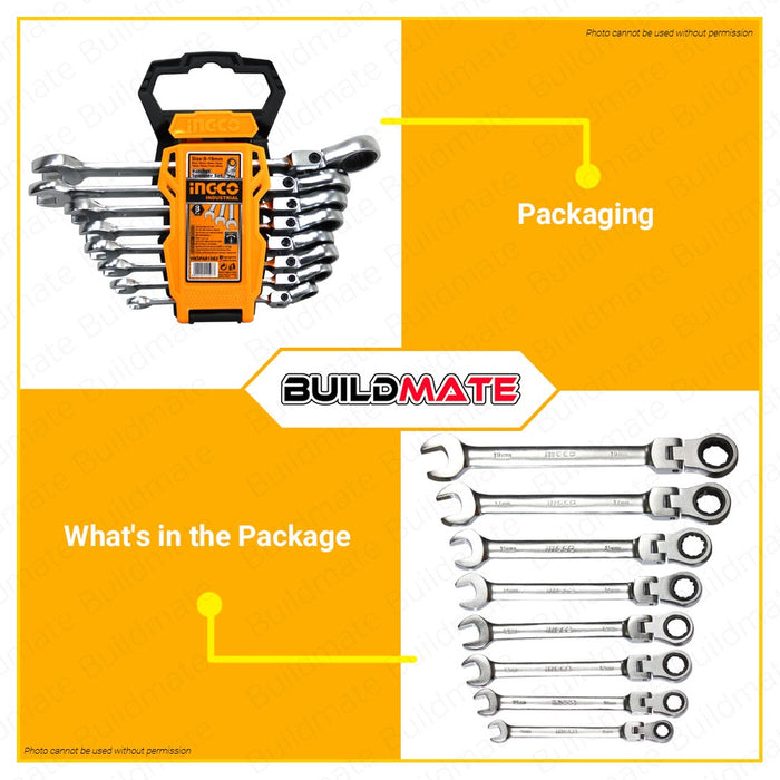 INGCO 8 PCS Flexible Ratchet Spanner Set 8-19mm Cr-V HKSPAR1083 + FREE TROWEL IHT