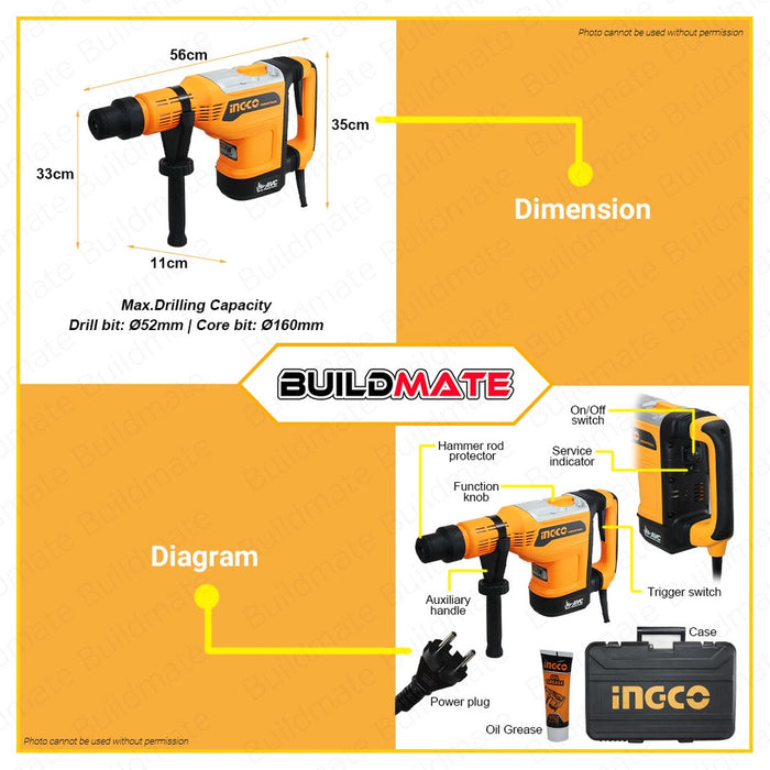 BUILDMATE Ingco Electric Rotary Hammer Drill 1500W / 1700W SDS Max Chuck Chipping Gun Jack Drilling Machine Demolition Concrete Breaker Hammer For Mining - IPT