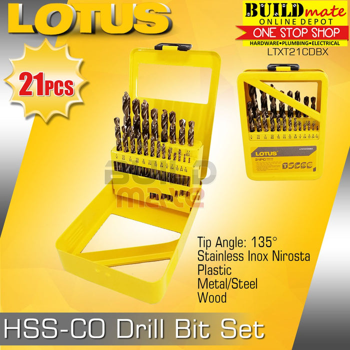 LOTUS HSS-CO Drill Bit 21PCS/SET For Wood , PVC , Metal LTXT21CDBX •BUILDMATE• LPA