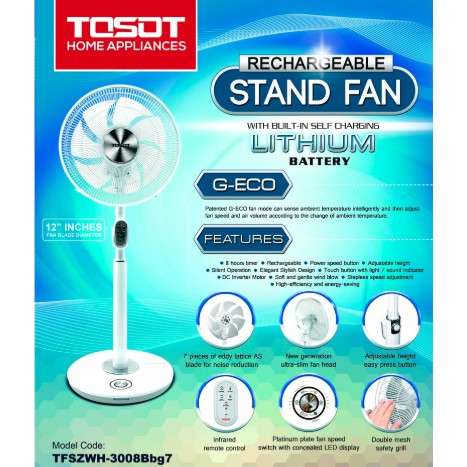 TOSOT Rechargeable Stand Fan 12" TFSZWH-3008Bbg7