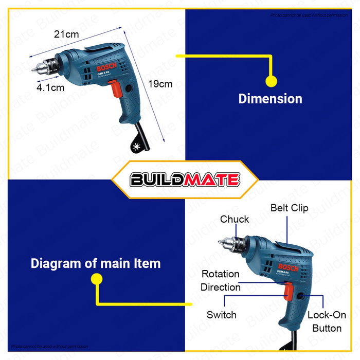 Bosch 350W Heavy Duty Electric Drill with Reverse 6.5mm GBM 6 RE 06014725K0 •BUILDMATE• BPT