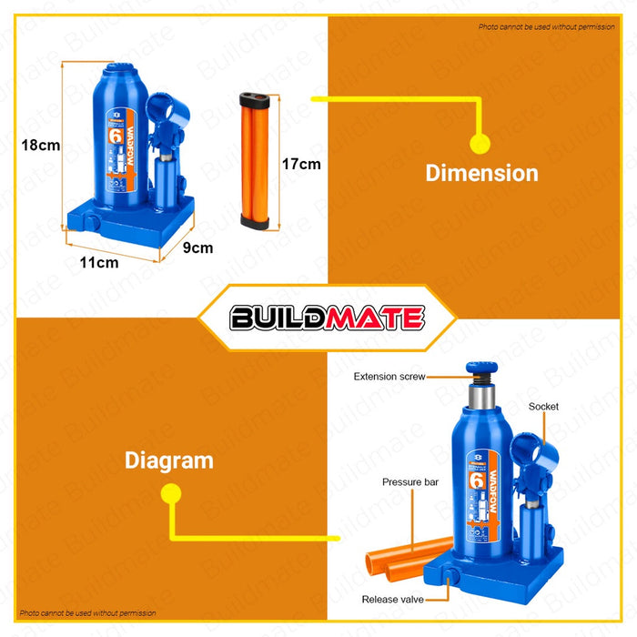 WADFOW 6 TONS Hydraulic Bottle Jack Welded Bottle Jack 6 Ton Easy Lifting WHJ1506 •BUILDMATE• WHT