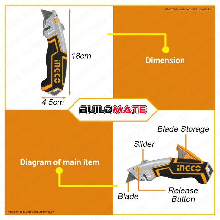 INGCO Original Utility Knife with 5 PCS Cutter Blade SK5 19mm x 61mm HUK6118 Tool •BUILDMATE• HT2