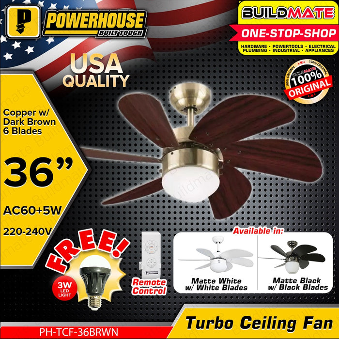 Powerhouse Fans POWERHOUSE Turbo Ceiling Fan AC Motor 36in With Led Bulb & Remote Cont ...