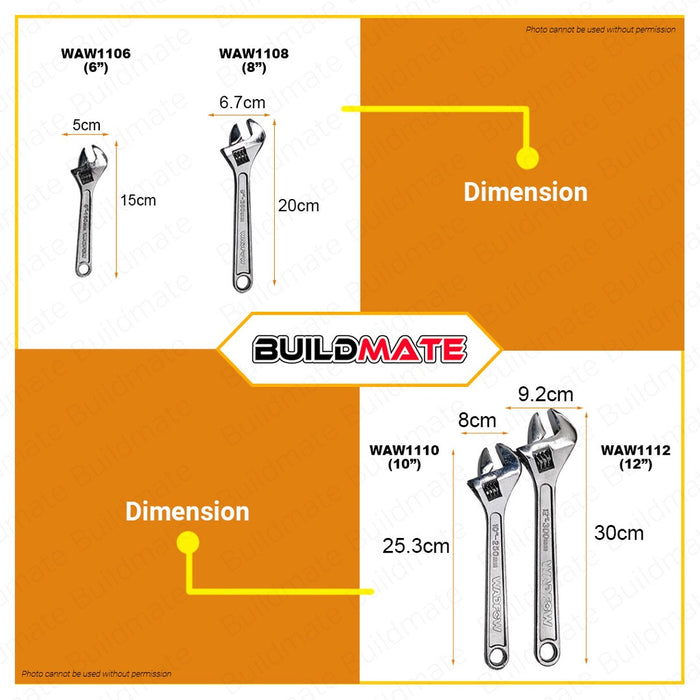 WADFOW 6" | 8" | 10" | 12 Inches Adjustable Wrench [SOLD PER PIECE] Hand Tool Wrenches BUILDMATE WHT