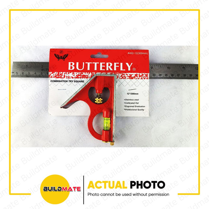 BUTTERFLY 12" Stainless Steel Combination Tri Square Try Wood Measuring Ruler #492-12" •BUILDMATE•